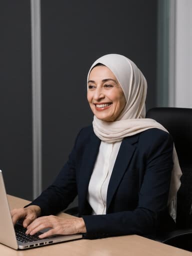 60대 중동계 여성이 편안한 비즈니스 캐주얼 의상을 입고, 회의실의 깔끔한 테이블에서 노트북으로 데이터를 분석하며 미소를 짓고 있는 반신 사진. 이 장면은 자연스러운 조명과 전문적인 분위기를 반영하며, 그녀의 일에 대한 즐거움과 몰입을 드러냅니다.