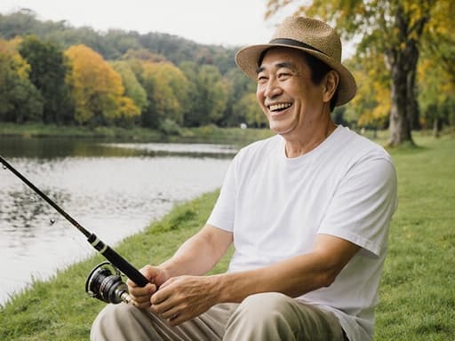 이 이미지는 40대 동양인 남성이 편안한 복장과 낚시 모자를 쓰고 아름다운 호숫가에 앉아 행복하게 낚시 도구를 다루고 있는 모습을 담고 있습니다. 그는 평화로운 자연 환경을 즐기고 있습니다.