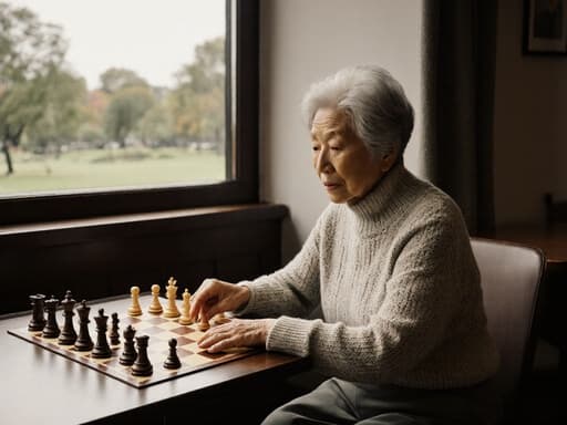이 이미지는 아늑한 카페에서 편안한 니트 스웨터와 슬랙스를 입은 70대의 동양인 여성이 체스판과 상호작용하며 깊은 생각에 잠긴 모습입니다. 창밖의 아름다운 공원 풍경이 그녀의 감정 깊이를 더해줍니다.