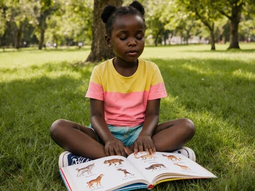 푸르른 공원에서 나무 그늘 아래 앉아 있는 7세 아프리카계 여성 아이의 반신 사진. 밝은 색상의 티셔츠와 반바지를 입고 있으며, 발에는 운동화를 신고 있다. 졸린 표정을 지으며 눈을 반쯤 감고 책을 펼쳐 놓고 동물 이름을 읽고 있는 모습이다. 나무 그늘 아래 편안하고 고요한 분위기를 제공하며, 책과의 상호작용이 잘 드러난다.