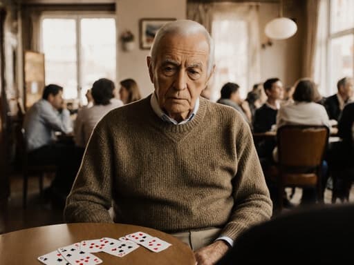 80대 혼혈 남성이 편안한 니트 스웨터와 바지를 입고 아늑한 카페에서 크로스 레그로 앉아 카드 게임을 바라보며 무관심한 표정을 짓고 있는 반신 사진. 아늑한 카페 내부에는 다른 손님들이 있어 활기차면서도 편안한 분위기를 자아냅니다.