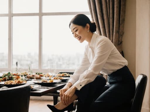 세련된 외모를 가진 40대 동양인 여성이 식탁 위의 아름답게 차려진 음식을 바라보며 부드러운 미소를 지으며 자신감 있는 모습으로 신발을 신는 모습의 반신 사진. 자연광이 들어오는 세련된 인테리어의 다이닝룸이 전체적으로 따뜻하고 초대하는 분위기를 더한다.