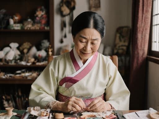 70대 혼혈 여성의 반신 촬영으로, 간편한 전통 한복을 입고 바닥에 앉아 전통 공예품을 만들고 있습니다. 만족스러운 표정은 그녀의 작업에 대한 자부심을 드러내며, 아늑한 거실의 전통 장식과 공예 도구들로 둘러싸여 따뜻한 조명 속에서 포착되었습니다.