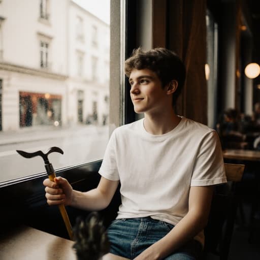 10대 초반의 유럽계 남성이 편안한 티셔츠와 청바지를 입고 아늑한 카페 테이블에 앉아 정원 도구를 들고 있습니다. 그는 창밖을 바라보며 여유롭고 즐거운 표정을 짓고 있으며, 따뜻하고 초대하는 분위기 속에서 아이디어를 구상하고 있습니다.