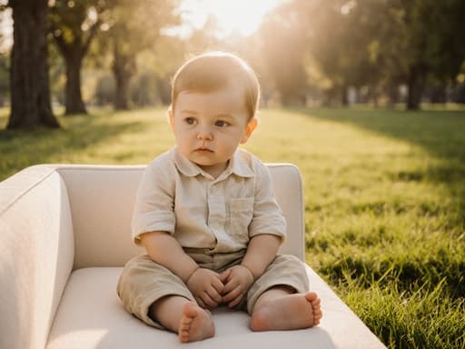아침 햇살이 비추는 공원에서 소파에 앉아 있는 1세 남성 유럽계 아기, 편안한 의상을 착용하고 지루한 표정을 지으며 주위를 바라보고 있는 모습의 반신 사진. 그의 두 손은 무릎 위에 자연스럽게 놓여 있으며, 잔디밭을 배경으로 부드러운 아침 햇살이 비추고 있습니다.