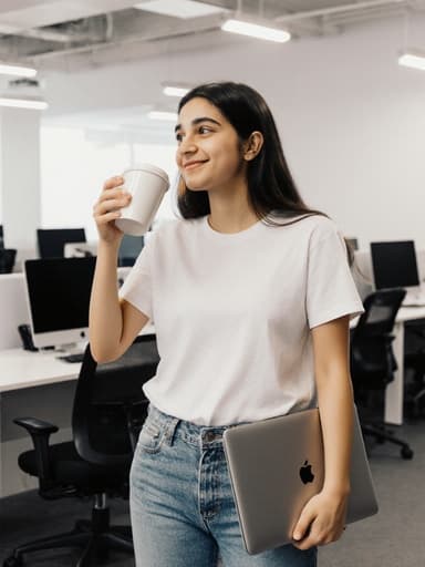 열정적인 중동계 10대 초반 소녀가 편안한 티셔츠와 청바지를 입고 한 손에 노트북을, 다른 손에 커피 컵을 들고 자신감 넘치는 미소를 지으며 현대적인 공유 오피스 환경에서 포즈를 취하고 있습니다. 책상과 컴퓨터가 놓여 있는 공간입니다.