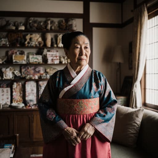 이 이미지는 전통 한복을 입은 70대 아시아 여성의 반신 사진을 보여줍니다. 그녀는 아늑한 거실에서 전통 공예품을 바라보며 천천히 걷고 있으며, 지루한 표정을 짓고 있습니다. 따뜻한 조명이 아늑한 분위기를 강조하고 있습니다.