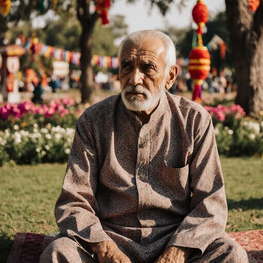 이 이미지는 화려한 전통 로브를 입은 80대 중동계 남성이 축제를 위해 장식된 공원에 앉아 있는 모습을 담고 있습니다. 무관심한 표정과 무릎 위에 손을 놓고 있는 편안한 자세는 나무와 꽃들이 어우러진 활기찬 배경 속에서 차분함을 전달합니다.