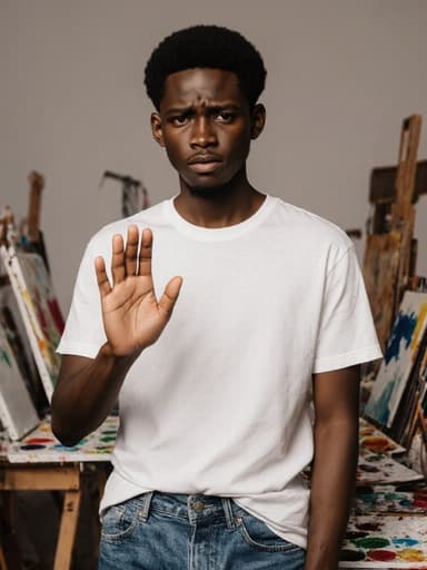 10대 초반 아프리카계 남성이 편안한 티셔츠와 청바지를 입고 예술가의 스튜디오에 서 있습니다. 그는 걱정스러운 표정을 지으며 손을 흔들며 인사하고 있으며, 다양한 미술 도구와 캔버스가 있는 창조적인 분위기 속에 있습니다.