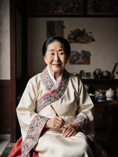 고급스러운 자수가 돋보이는 전통 한복을 입은 80대 한국인 여성, 아늑한 찻집에서 공예 도구를 들고 따뜻한 미소를 지으며 앉아 있는 모습, 전통 한국 예술로 둘러싸인 장면.