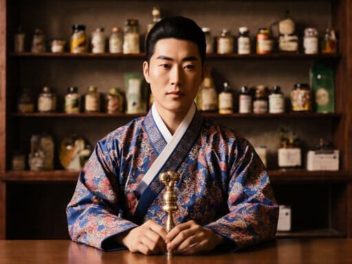 세련된 외모의 30대 동양인 남성이 전통적인 한복을 입고 테이블에 앉아 체질 분석 도구를 자신 있게 들고 있는 모습. 한약재 진열장이 있는 아름답게 꾸며진 한의원 내부에서 촬영된 이미지입니다.