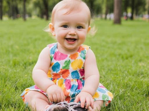 귀여운 외모를 지닌 1살 유럽계 아기 소녀의 반신 사진으로, 공원에서 푸른 잔디에 앉아 신발을 신으려고 하며 순수한 미소를 짓고 있는 모습입니다. 주변에는 생기 있는 나무들이 있습니다.