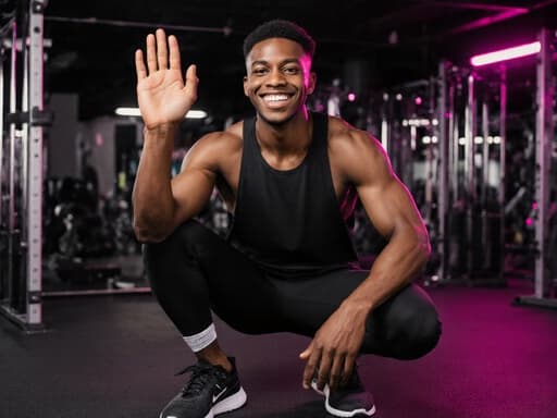 자신감 넘치는 10대 후반 아프리카계 남성이 운동복과 트레이닝 슈즈를 착용하고 있는 반신 샷입니다. 그는 밝게 웃으며 한 손을 들어 친근하게 인사하는 자세를 취하고 있습니다. 배경은 다양한 운동 기구와 밝은 조명이 있는 현대적인 운동 센터로, 그의 활동적인 라이프스타일을 강조하는 에너지 넘치는 분위기를 만들어냅니다.