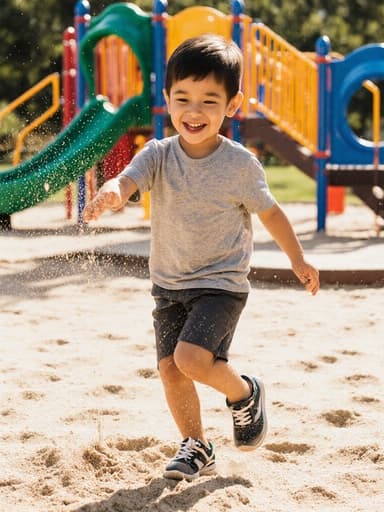 7세 혼혈 남자아이의 전신 사진으로, 귀엽고 자연스러운 외모를 지니고 있으며 편안한 반팔 티셔츠와 반바지, 운동화를 착용하고 있습니다. 그는 신나고 즐거운 표정으로 모래를 뿌리며 춤추는 모습을 보여주고 있으며, 흥미진진한 순간을 포착하고 있습니다. 배경은 햇살이 비치는 공원과 모래 놀이터가 있어 완벽한 야외 날의 즐거운 분위기를 더하고 있습니다.