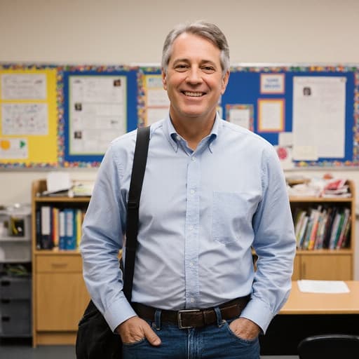 40대 혼혈 남성이 교사 사무실에 서서 캐주얼한 셔츠와 청바지를 입고 어깨에 스타일리시한 가방을 메고 있습니다. 매력적인 미소를 지으며 학생을 기다리고 있는 모습으로, 정리된 책상과 교육 관련 포스터가 있는 환경에서 전문적이고 친근한 분위기를 자아냅니다.