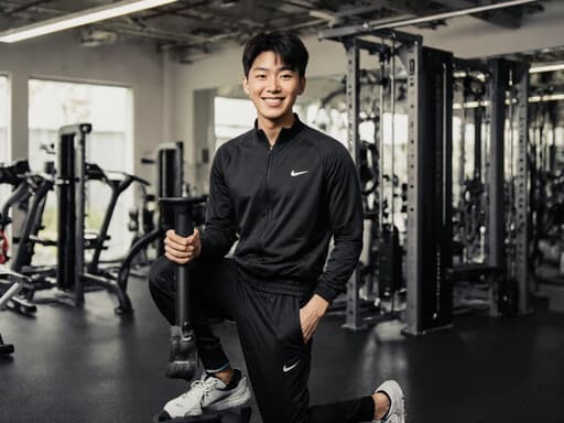 초반 10대의 동양인 남성이 체육관에서 트렌디한 운동복을 입고 훈련 장비를 들고 미소를 지으며 포즈를 취하고 있습니다. 잘 갖춰진 배경이 활발하고 동기를 부여하는 분위기를 강조합니다.