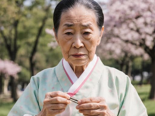 파스텔 한복을 입은 80대 동양인 여성의 반신 초상으로, 공원 배경에서 작은 공예 도구를 들고 깊은 생각에 잠긴 표정을 짓고 있습니다.