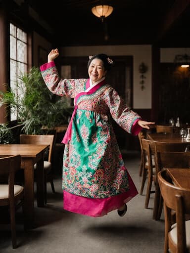 70대 아시아계 여성이 화려한 전통 한복을 입고, 아늑한 카페 환경에서 기쁘게 점프하며 춤추는 모습의 풀 바디 샷. 나무 테이블과 의자, 초록색 식물들이 조화를 이루며 활기찬 분위기를 더합니다.