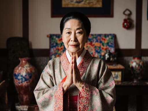 70대 혼혈 여성이 전통적인 한복을 입고, 차분한 표정으로 가슴 앞에서 두 손을 모아 사람들에게 인사하는 모습의 반신 사진입니다. 배경은 문화 유물로 꾸며진 전통적인 거실로, 따뜻하고 존경스러운 분위기를 연출합니다.