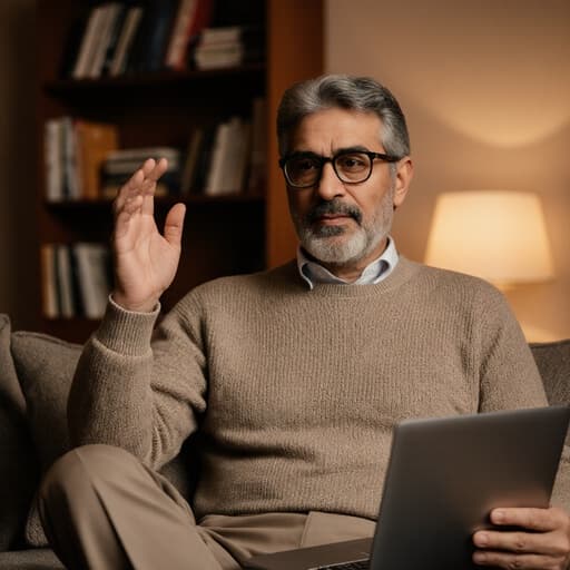 50대 중동계 남성이 편안한 니트와 세련된 슬랙스를 입고, 노트북을 한 손에 들고 다른 손으로 아이디어를 표현하며 열정적으로 창의성을 드러내는 모습의 반신 촬영. 아늑한 거실 배경에서 따뜻한 조명 아래에 있습니다.