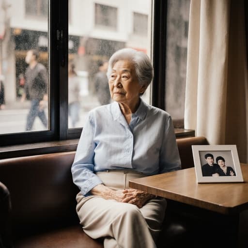 70대 한국인 여성이 라이트 블루 색상의 블라우스와 베이지색 팬츠를 입고 아늑한 카페에서 편안하게 앉아 있는 반신 사진입니다. 그녀는 무관심한 표정을 지으며 다리를 뻗고 주변을 바라보고 있습니다. 배경은 테이블 위에 가족 사진이 놓여 있고 창 밖으로 사람들이 지나가는 아늑한 카페 내부를 보여줍니다.