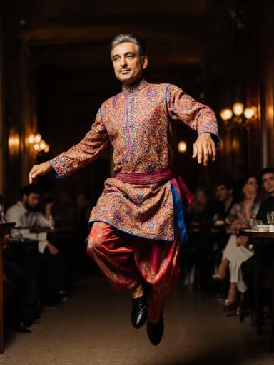 40대 중동계 남성이 화려한 색상과 독특한 패턴의 전통 무용복을 입고 점프하는 자세로 역동성을 표현하며 고민하는 표정을 짓고 있는 전신 샷입니다. 배경에는 다른 손님들이 대화하는 아늑한 카페의 분위기가 담겨 있어 생동감 있으면서도 친밀한 느낌을 줍니다.