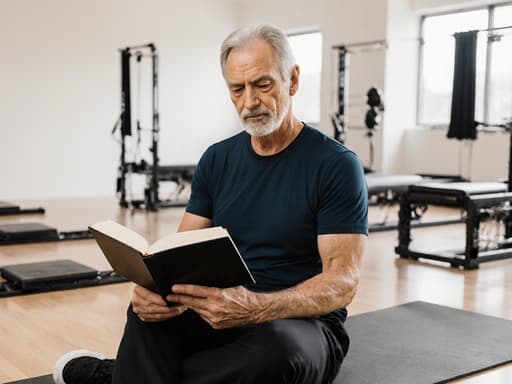 50대 혼혈 남성이 자연스럽게 스타일링된 모습으로 필라테스 매트에 앉아 책을 읽고 있는 반신 샷입니다. 그는 편안한 운동복과 필라테스 운동화를 착용하고 있으며, 집중한 표정을 짓고 있습니다. 배경은 밝고 깔끔한 운동 공간으로 필라테스 기구들이 놓여 있어, 피트니스와 마음챙김의 분위기를 만들어냅니다.