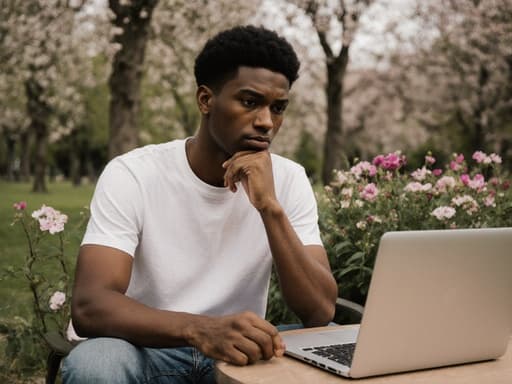 20대 혼혈 남성이 캐주얼한 티셔츠와 청바지를 입고 아름다운 공원에 있는 테이블에 앉아 있는 반신상 사진. 그는 노트북을 바라보며 손으로 턱을 괴고 깊은 생각에 잠긴 표정을 짓고 있다. 평화로운 환경이 이미지의 사색적인 분위기를 더한다.