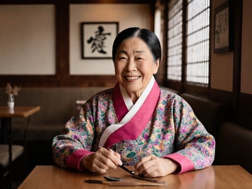 "이 이미지는 화려한 전통 한복을 입은 80대 혼혈 여성이 아늑한 카페 테이블에 앉아 전통 공예 도구를 손에 들고 만족스러운 미소를 짓고 있는 모습을 담고 있습니다. 그녀의 미소는 공예와의 연결을 반영하며, 카페의 따뜻한 분위기는 전체적인 초대하는 느낌을 더욱 강조합니다."