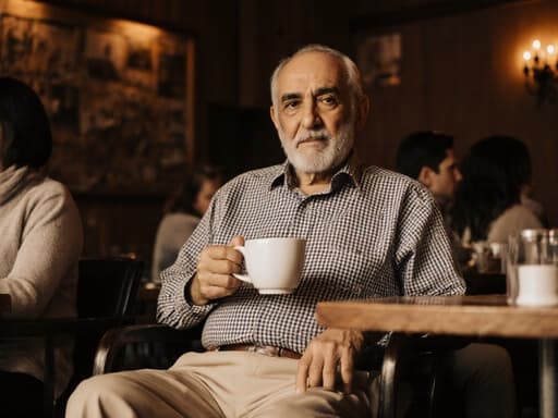 80대 중동계 남성이 자연스러운 외모로 아늑한 카페에 편안하게 앉아 있는 반신 샷입니다. 그는 간편한 체크무늬 셔츠와 베이지색 바지를 입고 커피 컵을 들고 있으며, 차분한 표정으로 가족과의 대화를 즐기는 듯한 느낌을 주고 있습니다. 아늑한 카페의 따뜻한 조명이 배경을 이루고 있습니다.