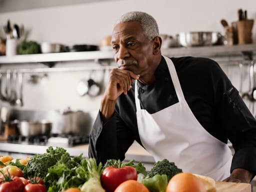 60대 아프리카계 남성이 자연스러운 외모를 지닌 채 셰프 복장(흰색 앞치마와 검은색 셔츠)을 입고, 주방 조리대에 놓인 재료를 바라보며 턱에 손을 대고 고민하는 표정을 짓고 있는 반신 사진, 잘 정리된 조리 도구와 신선한 재료가 있는 주방 배경에서 창의적인 요리를 느끼게 하는 이미지.