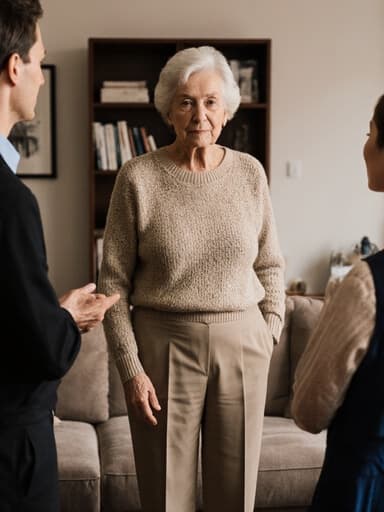 70대의 유럽계 여성의 전신 사진으로, 자연스러운 외모를 가진 그녀는 편안한 니트 스웨터와 슬랙스를 착용하고 있습니다. 아늑한 거실에서 가족과 대화하며 무관심한 표정을 짓고 있습니다. 배경에는 편안한 소파와 책장이 있어 아늑한 분위기를 더합니다.