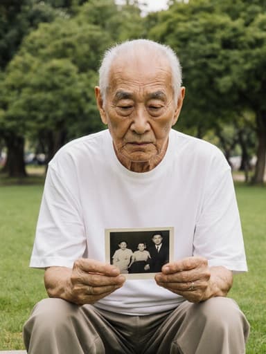 80대 한국인 남성이 주름진 얼굴과 편안한 티셔츠, 바지를 입고 지루한 표정으로 가족 사진을 들고 약간 앞으로 기울인 모습이 푸르른 나무와 잔디가 있는 공원에서 촬영된 반신 사진입니다.