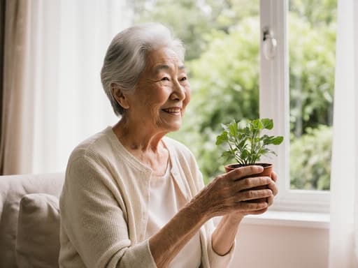 자연광이 가득한 정원과 연결된 큰 창문이 있는 아늑한 거실에서 작은 화분을 들고 만족스럽게 미소 짓고 있는 70대 동양인 여성의 반신 촬영 이미지입니다.