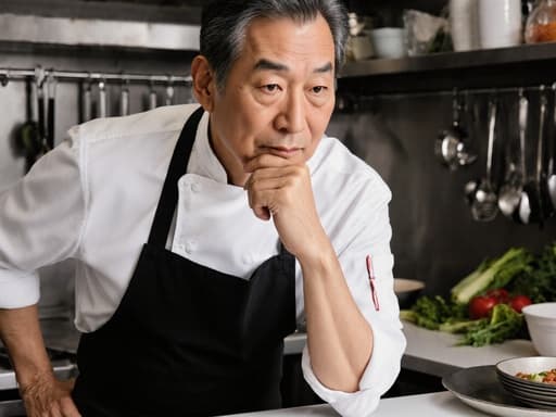 60대의 동양인 남성이 전통적인 셰프 복장을 하고 있는 반신 사진입니다. 그는 요리를 준비하며 고민하는 표정을 지으며 조리대에 손을 올리고 있습니다. 깔끔하게 정돈된 주방에는 신선한 재료들이 놓여 있습니다.