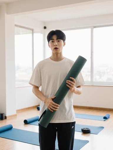 10대 초반의 한국 남성이 요가 스튜디오에서 요가 매트와 용품을 들고 놀란 표정을 지으며 반신을 촬영한 모습으로, 자연광이 가득한 밝은 공간에서 촬영되었습니다.