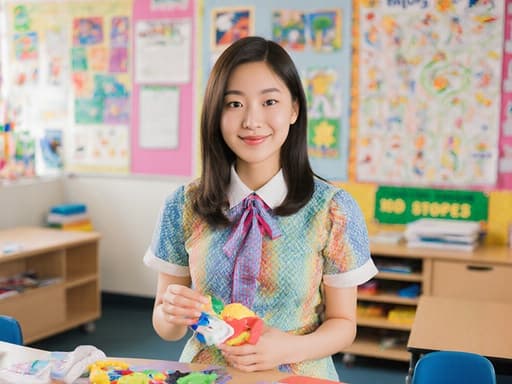 화사한 교사 복장을 입고 편안한 운동화를 신은 10대 초반의 아시아계 소녀가 자신감 있게 장난감이나 학용품을 들고 있는 모습으로, 아이들의 작품과 안전 포스터가 가득한 아늑한 교실 배경 속에 있습니다.