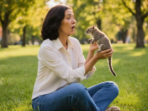 40대 혼혈 여성이 캐주얼한 블라우스와 청바지를 입고 푸른 잔디 위에 크로스 레그로 앉아 있습니다. 그녀는 손에 들고 있는 작은 동물을 바라보며 놀라운 표정을 짓고 있으며, 자연의 아름다움 속에 둘러싸여 있습니다.