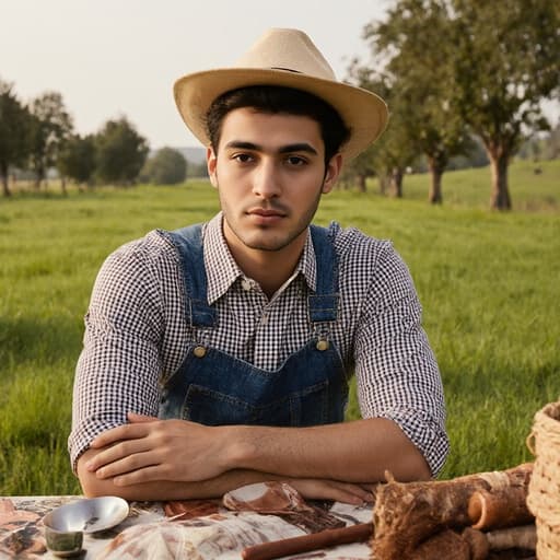 자연스러운 외모를 지닌 20대 중동계 남성 모델이 농부 복장을 하고 농장 아이템이 놓인 테이블에 앉아 여유로운 표정을 짓고 있는 반신 사진. 푸른 잔디와 나무들이 어우러진 아름다운 농장 풍경에 둘러싸여 있습니다.