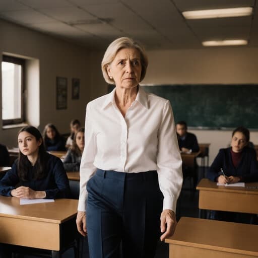 50대 유럽계 여성의 반신 사진, 단정한 블라우스와 바지를 입고 학생들을 바라보며 걱정스러운 표정을 지으며 강의실을 걷고 있다. 배경은 책상과 의자가 배치된 강의실 내부로, 부드러운 자연 조명이 장면을 더욱 돋보이게 한다.
