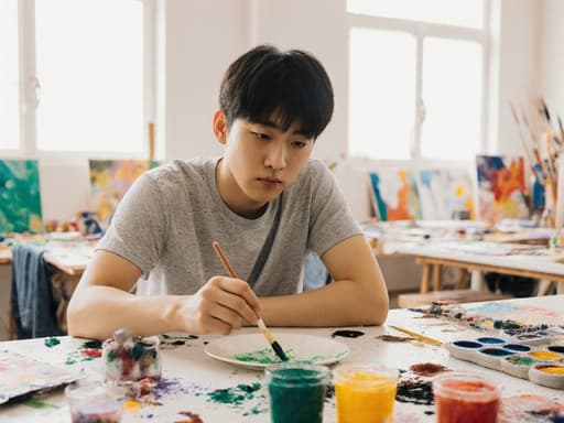 10대 후반 아시아계 남성이 밝은 화실의 테이블에 앉아 팔을 괴고 물감을 섞고 있는 모습이 반신 샷으로 촬영되었습니다. 그는 편안한 티셔츠와 청바지를 입고 있으며 지루한 표정을 짓고 있습니다. 배경에는 다양한 색상의 물감과 캔버스가 배치되어 있어 모델의 캐주얼한 옷차림과 태도를 잘 보완하는 예술적인 분위기를 자아냅니다.