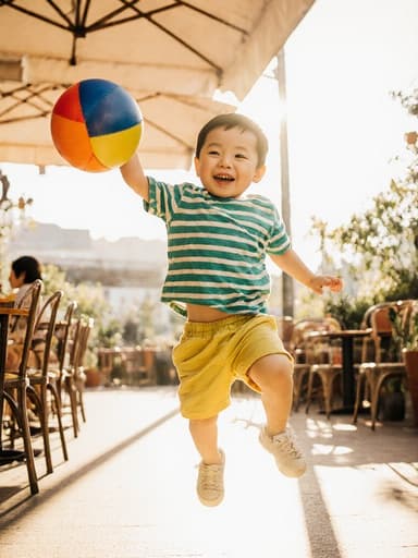 햇살이 잘 들어오는 카페의 야외 테라스에서 공을 들고 점프하며 즐거운 미소를 짓고 있는 귀여운 3세 아시아계 남성의 전신 사진. 밝은 색상의 티셔츠와 반바지를 착용하고 어린 시절의 장난기와 행복함을 잘 담아내고 있습니다.