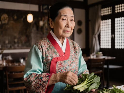 이 이미지는 화려한 전통 한복을 입고 있는 80대 동양인 여성의 모습입니다. 그녀는 아늑한 카페 환경에서 전통 소품으로 꾸며진 공간에서 요리를 준비하며 걱정스러운 표정을 짓고 있습니다. 그녀의 손에는 신선한 채소가 들려 있어 요리하는 역할을 강조합니다.