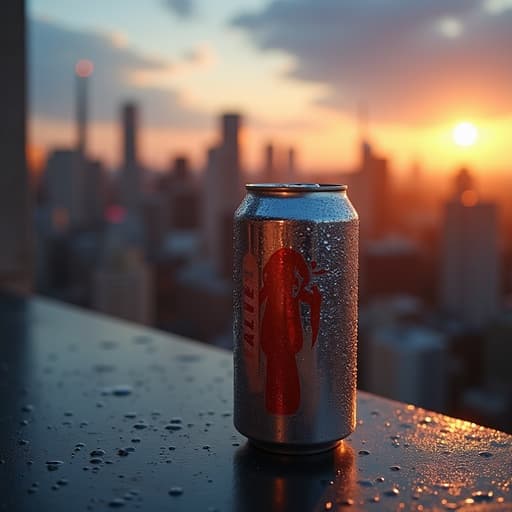 음료 캔의 클로즈업, 응축된 금속 표면, 배경에 따뜻한 황혼 도시 스카이라인, 부드러운 주변 조명, 얕은 심도, 사실적인 질감과 그림자, 따뜻하고 초대하는 분위기, 고요함
