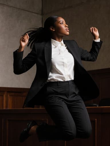 20대 아프리카계 여성이 자신감 넘치는 표정으로 정장 스타일의 블랙 재킷과 화이트 블라우스, 슬랙스를 입고 현대적인 법정으로 향해 점프하는 모습. 그녀의 동작은 결단력과 전문성을 나타내며, 세련된 법정 배경과 잘 어우러진다.
