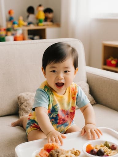 밝고 활기찬 1세 한국 아기가 알록달록한 티셔츠와 반바지를 입고 아늑한 소파에 앉아 작은 식탁 위의 음식을 향해 손을 뻗으며 웃고 있습니다. 배경은 장난감과 아기용 가구로 가득한 따뜻한 거실로, 초대하는 분위기를 만들어냅니다.