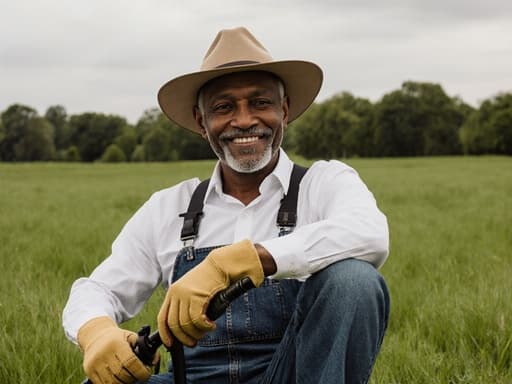 60대 혼혈 남성이 세련된 외모로 자신감 있는 미소를 짓고 있으며, 농부 의상을 입고 작업용 장갑과 모자를 착용하고 있는 반신 사진입니다. 그는 한 다리를 뻗고 앉아 농약 분사기를 능숙하게 조작하고 있습니다. 배경에는 푸르고 풍성한 잔디와 나무들이 있는 농장 풍경이 펼쳐져 있어 모델과 농업 주제가 조화를 이루고 있습니다.