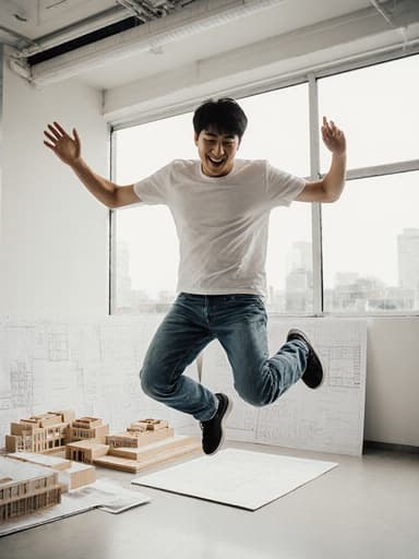 이 이미지는 캐주얼한 복장을 한 10대 후반의 한국인 남성이 현대적인 건축 사무소에서 점프하며 즐거움과 에너지를 발산하는 모습을 보여줍니다. 배경에는 디자인 도면과 건축 모형이 배치되어 있습니다.