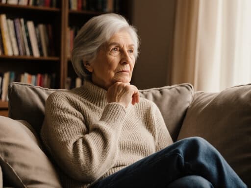 60대 유럽계 여성이 아늑한 거실의 소파에 앉아 있는 모습의 반신 사진입니다. 그녀는 편안한 니트 스웨터와 청바지를 입고 있으며, 지루한 표정으로 손을 턱에 괴고 있습니다. 창문을 통해 햇살이 비추어 따뜻한 분위기의 책들로 가득 찬 공간이 조명을 받고 있습니다.