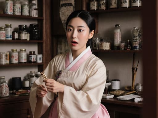 전통 한복을 입은 10대 후반 아시아계 여성 모델이 놀란 표정을 지으며, 한의원 내부에서 한의 진단 도구를 들고 몸을 앞으로 기울이고 있는 모습입니다. 따뜻한 한약재로 가득한 아늑한 공간이 배경입니다.